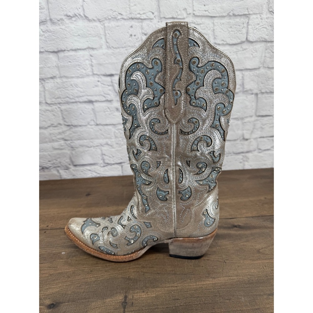 J.B. Dillon Bellflower Women's 8B Silver Leather Western Boots Blue Rhinestone - Picture 12 of 15